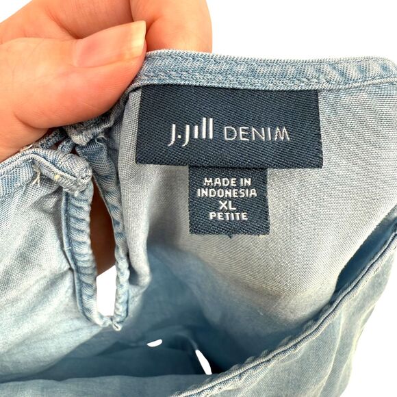 J. Jill Denim Blue Chambray Tiered Ruffle Bell Sleeve Blouse Top XLP Beachy READ - Picture 14 of 16